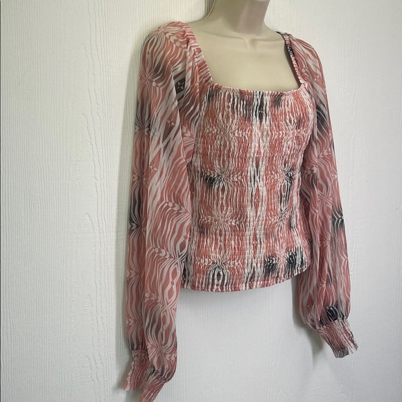 Anthropologie - Rouen Coral Watercolor Abstract Smocked Square Neck Blouse Med - Picture 3 of 11